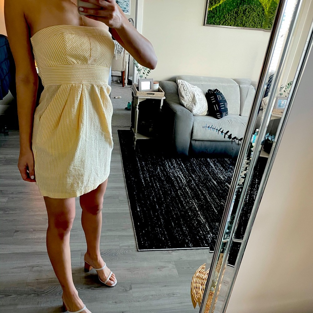 Yellow seersucker strapless dress